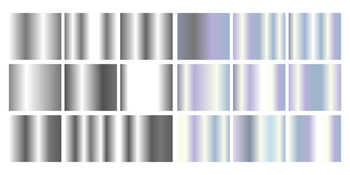 Metallic hologram frame collection with gradient transitions from silver chrome to iridescent rainbow finishes for modern design. Rectangular borders with reflective surfaces and color shifting effect