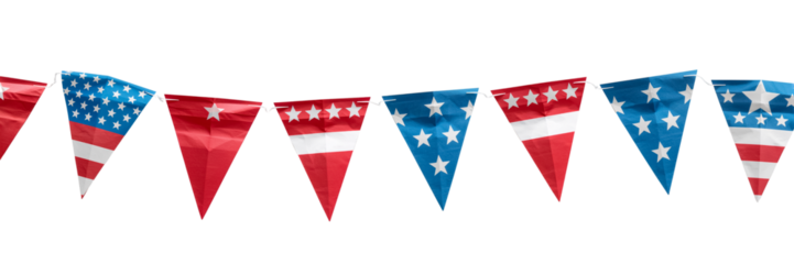 Garland of triangular flags on a rope in the colors of the American flag isolated on a transparent background