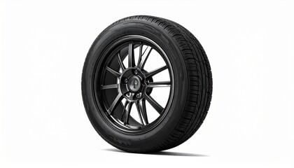 Obraz premium Car Tire Mounted on Black Alloy Wheel Showcasing Automotive Performance, Safety, and Modern Wheel Design