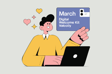 Flat vector illustration of a woman presenting a monthly planner or March calendar concept. Suitable for planning, productivity, and scheduling visuals.
