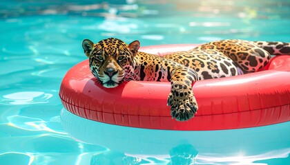 A jaguar lounging on a red inflatable float in the middle of a swimming pool, capturing a relaxed and playful vibe. The vibrant colors of the pool and float highlight the wild beauty of the jaguar.