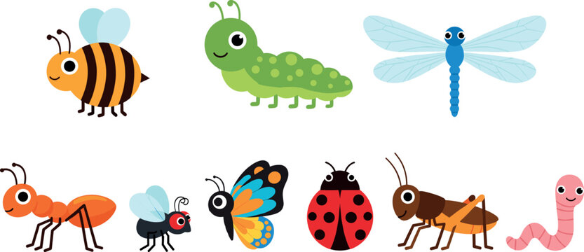 Cute colorful insects vector set with bee caterpillar dragonfly ant butterfly ladybug grasshopper worm flat cartoon illustration