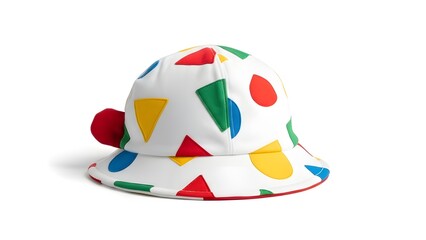 White bucket hat with colorful geometric shapes and patterns isolated on white background.