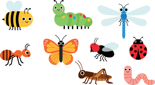 Cute colorful insects vector set with bee caterpillar dragonfly ant butterfly ladybug grasshopper worm flat cartoon illustration collection