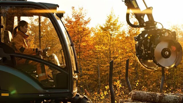 man operates harvester from cabin. machine lifts log with arm and grapple. forestry operation processes timber near tree line. logging equipment works among autumn foliage. seat enclosed by glass.