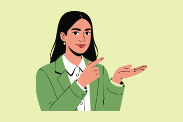 Flat vector illustration of a smiling professional woman presenting information with open gesture. Ideal for business, education, marketing, and corporate branding design.
