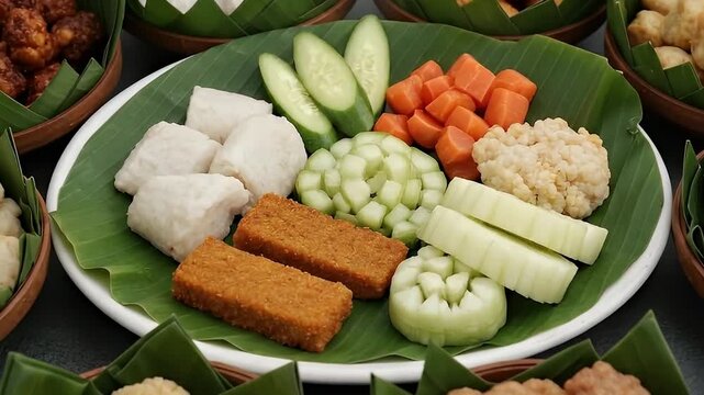 A vibrant, overhead close-up shot showcasing an exquisite culinary spread, rich with diverse textures and colors. This inviting collection of small, savory dishes is artfully arranged on a large platt
