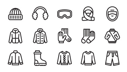 Collection of Winter Clothing and Accessories Icons: Vector Set for Cold Weather Gear, Skiing, and Snow Activities