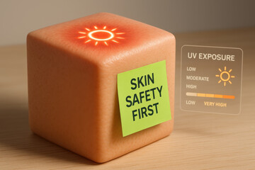Orange cube with sun symbol and green safety label warning about UV exposure and skin protection measures
