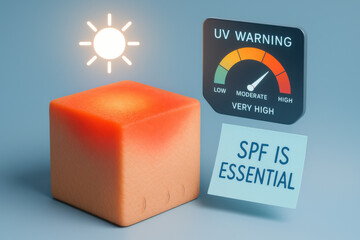 Sunscreen protection concept with gradient cube showing UV radiation effect and SPF reminder note against light background emphasizing importance of skin care defense