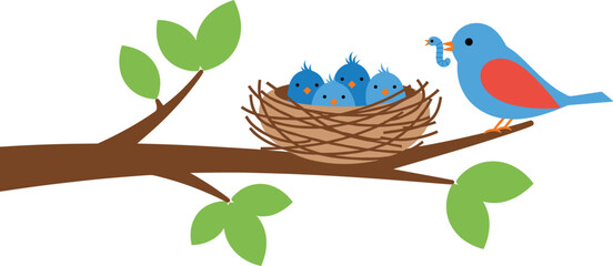 Cute vector illustration of a mother blue bird feeding worms to baby chicks in a nest on a tree branch for family and nature concepts.
