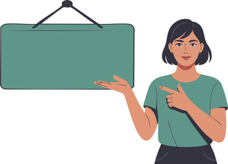 Professional flat illustration of a blank green banner hanging on a hanger with a woman presenting it. Suitable for advertising, mockup design, branding, and promotional materials.
