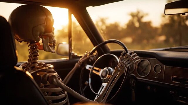 Haunting driver skeleton seated in a car interior as sunset light floods the scene from a drivers viewpoint