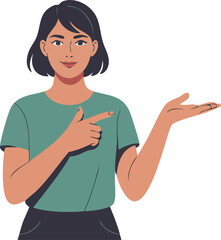 Flat vector illustration of a friendly woman presenting information with open hand gesture. Ideal for business presentations, corporate communication, education, and promotional design.
