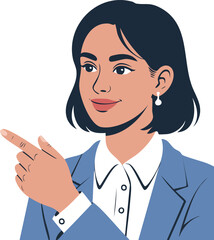 Professional flat vector illustration of a confident female doctor pointing at blank space. Suitable for healthcare presentation, medical education, clinic promotion, and informational content.
