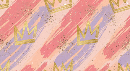 Obraz premium Elegant Gold Crown Seamless Pattern with Pastel Pink and Purple Grunge Brushstrokes