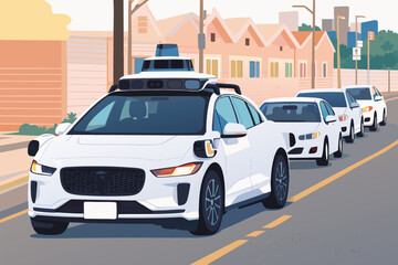 White passenger cars with autonomous driving technology moving through city traffic by following each other.