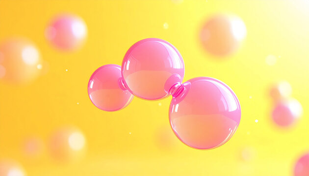 黄色背景に浮遊するピンクの分子構造3Dイメージ 美容成分バブル 先端スキンケア科学・化粧品研究コンセプト｜3D pink molecular structure floating on yellow background, beauty ingredient bubbles concept for advanced skincare science and cosmetic research - Powered by Adobe