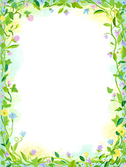 Fototapeta premium A poetic spring frame forming a full border around the image, made from flowing green vines and fresh ivy leaves. Small pastel flowers bloom intermittently along the vines, including lilac, pale blue