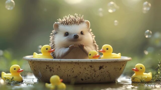 Baby hedgehog surrounded by floating ducks and rising bubbles in sunny garden