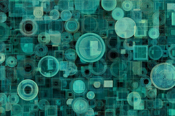 Complex digital abstract background with numerous overlapping teal circles and squares representing data nodes and high cognitive load information architecture.