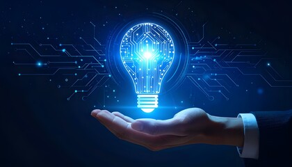 Businessman hand holding glowing light bulb with digital circuit lines, creative idea and innovation concept