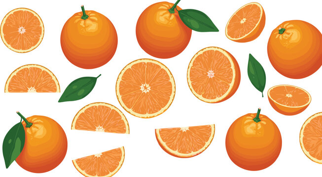 Orange fruit seamless pattern with whole oranges and sliced citrus pieces, fresh tropical food vector illustration