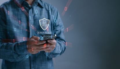 Concept of cybersecurity and data privacy protection, Man demonstrates password entry on an...