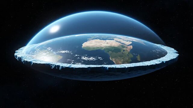 Aerial view of a flat earth model surrounded by icy edge in outer space environment visualization