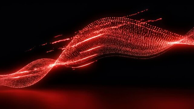 An abstract, glowing red particle wave gracefully moves and undulates, creating a mesmerizing digital current against a dark, atmospheric background. The dynamic flow of countless individual pixels ge