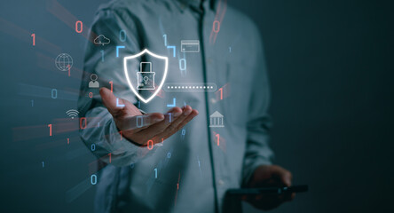 Concept of cybersecurity and data privacy, man's hand showing the protection of personal data through encryption on virtual screen or internet technology network connection on smartphone application