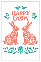 Happy Easter greeting card with folk rabbits, floral ornaments and birds. Scandinavian and folkloric spring illustration for Easter decor, postcards, prints, invitations and festive design.