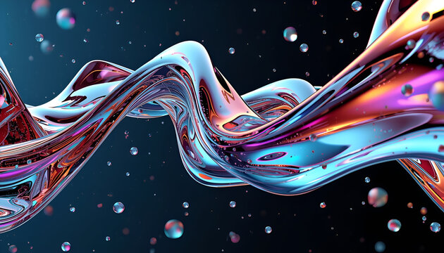 iridescent fluid ribbon with floating droplets ai generated