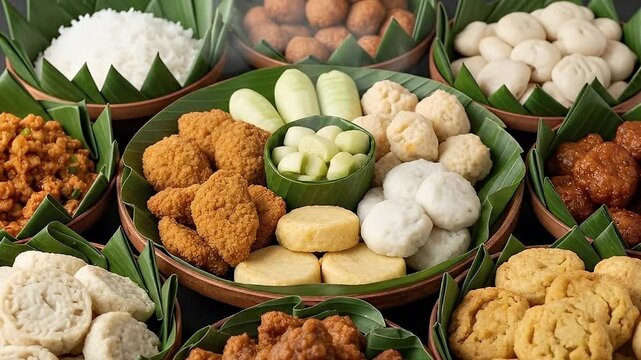 An abundant spread of traditional cuisine, artfully presented in banana leaf-lined bowls. Features crispy fried, steamed delicacies, white rice, and fresh cucumber, conveying authentic flavor and cult