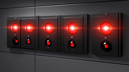 A row of illuminated medical alarm panels with bright red indicator lights