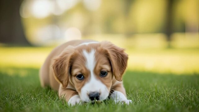 An adorable, fluffy puppy with light brown and white fur lies peacefully on vibrant green grass in a sunlit outdoor setting. The young canine gazes directly at the viewer with its large, expressive ey