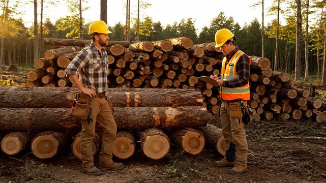 man in hardhat and vest inspects log and timber stack in forest. safety conversation about lumber takes place beside machinery. measurement and movement of timber continue on site. log handling aids.