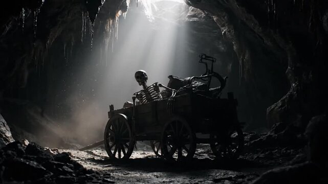 Majestic horse-drawn carriage illuminated by a solitary beam of light deep within a mysterious cave, captured from a dramatic low-angle viewpoint