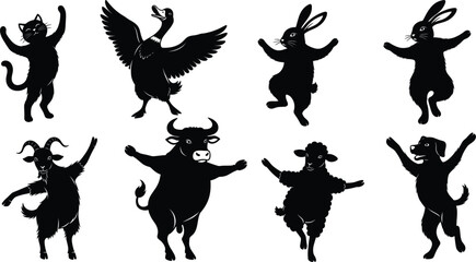 Collection of eight black dancing farm animal silhouettes including cat duck rabbit goat bull sheep and dog isolated on white for vintage design