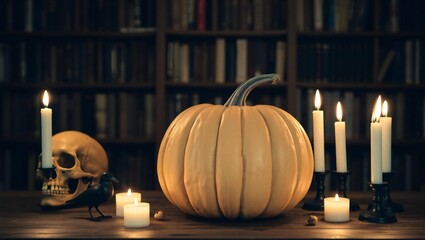 Spooky halloween scene with carved pumpkin skull and flickering candles on a table