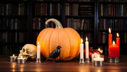 Mysterious halloween scene with pumpkin skull candles and raven in dimly lit room