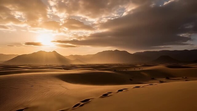 An awe-inspiring wide shot of a vast desert landscape bathed in the golden glow of a dramatic sunset or sunrise. Rolling sand dunes stretch into the distance, with majestic mountains silhouetted again