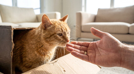Curious ginger cat inside cardboard box sniffing human hand. Pet adoption, trust building and moving to new home concept in bright living room.