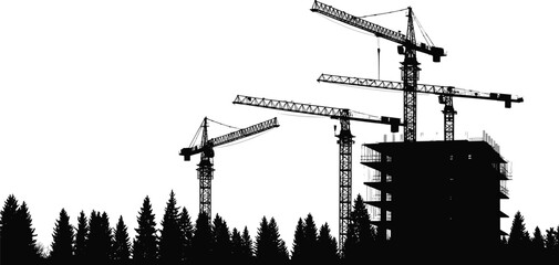 Silhouette of tower cranes constructing modern high rise building above forest skyline, industrial construction site background representing urban development, infrastructure growth © Itz Butterfly