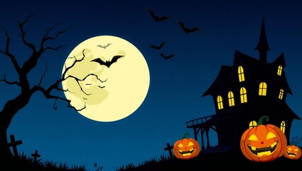 Fototapeta premium Spooky halloween scene with haunted mansion glowing jack-o'-lanterns and full moon with bats