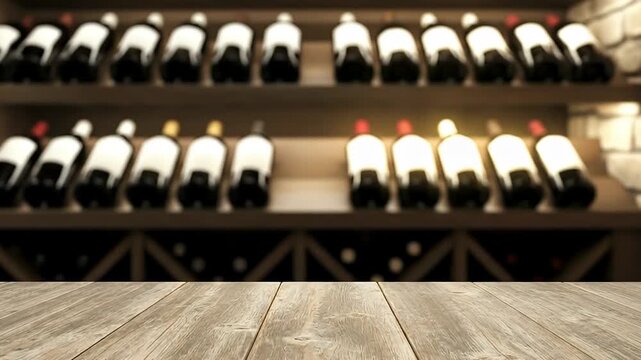 An empty, rustic wooden table surface occupies the foreground, providing ample copy space, while the background features a beautifully blurred view of a sophisticated wine cellar. Rows upon rows of va