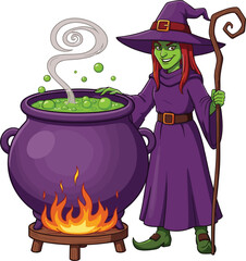 Evil green witch character vector illustration brewing magic potion in purple cauldron over fire with smoke and bubbles for Halloween fantasy design
