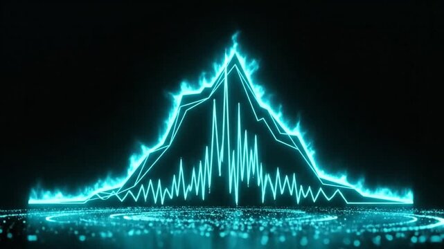 Neon blue sound wave graphics on black background with bokeh lights
