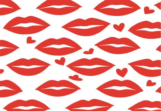 Red Lips Seamless Pattern Vector with Kiss Mouth Shapes Hearts Romantic Repeating Background Design