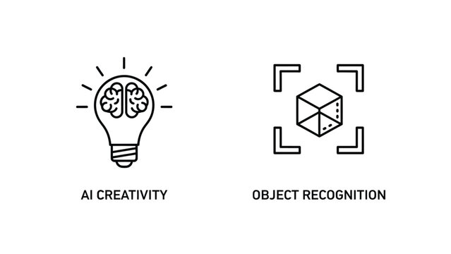 AI Creativity and Object Recognition Icons in Minimalist Line Art Style with Simple Black and White Color Scheme on Clean White Background for Tech Infographics